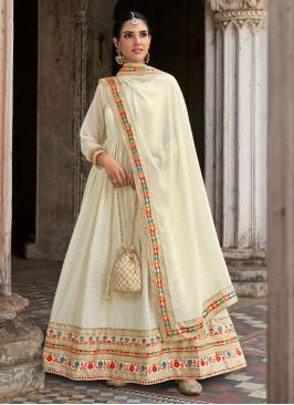 Topnotch Off White Embroidered Designer Floor Leng