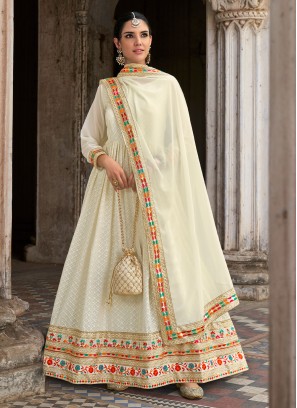 Topnotch Off White Embroidered Designer Floor Length Suit