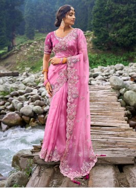 Topnotch Organza Embroidered Pink Designer Saree
