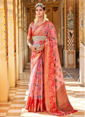 Topnotch Pink Weaving Contemporary Style Saree