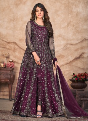 Topnotch Wine Embroidered Net Trendy Suit