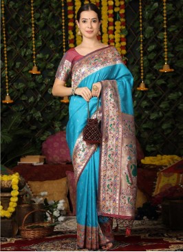 Topnotch Woven Turquoise Trendy Saree