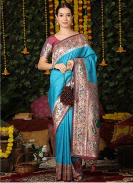 Topnotch Woven Turquoise Trendy Saree