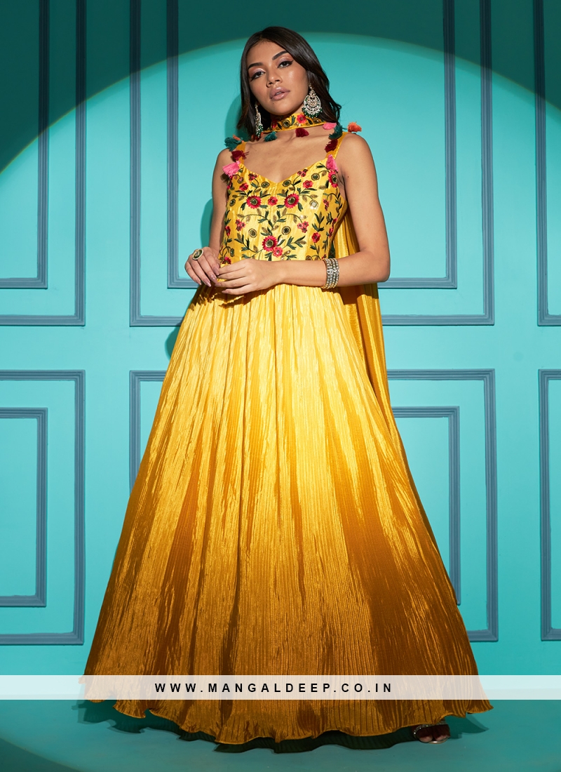 Freshta's new heavy Embroidered yellow colour gown