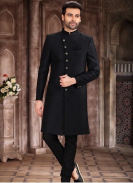 Traditional Black Art Silk PatternPc with Aligadhi Pant Sherwani.