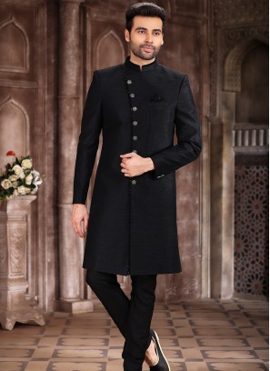 Traditional Black Art Silk PatternPc with Aligadhi Pant Sherwani.