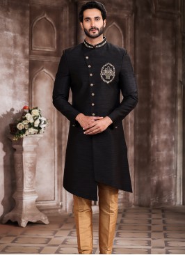 Traditional Black Art Silk Embroidered with Aligadhi Pant Sherwani.