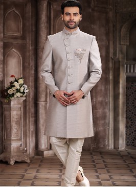 Traditional Light Gray Art Silk Embroidered with Aligadhi Pant Sherwani.