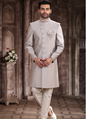 Traditional Light Gray Art Silk Embroidered with Aligadhi Pant Sherwani.