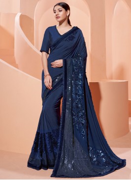 Traditional Designer Saree Embroidered Lycra in Blue