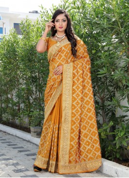 Traditional Designer Saree Embroidered Vichitra Silk in Mustard