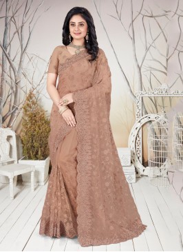 Traditional Designer Saree Resham Net in Brown