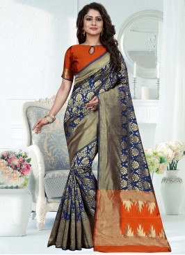 Traditional Designer Saree Weaving Art Banarasi Silk in Blue