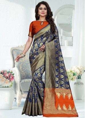Traditional Designer Saree Weaving Art Banarasi Silk in Blue