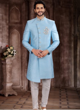 Traditional Sky Blue Art Silk Embroidered with Aligadhi Pant Sherwani.