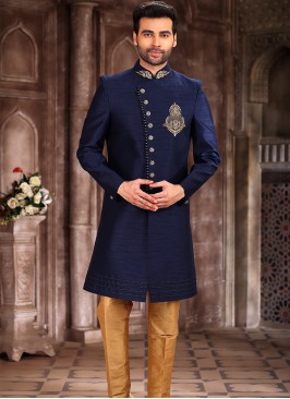 Traditional Blue Art Silk Embroidered with Aligadhi Pant Sherwani.