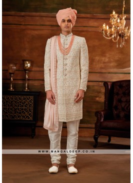 Traditional Indian Men's Sherwani with Georgette Top and Art Silk Churidar Pant