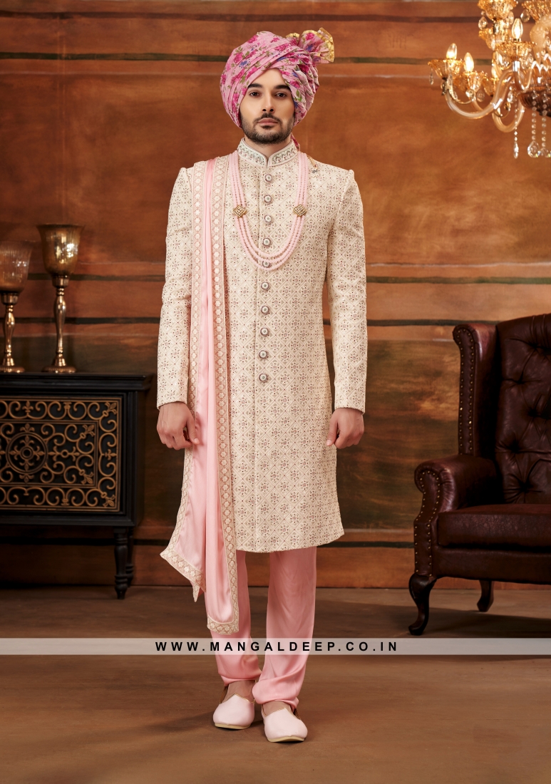 Traditional Indian Men's Sherwani with Georgette Top and Art Silk Churidar  Pant