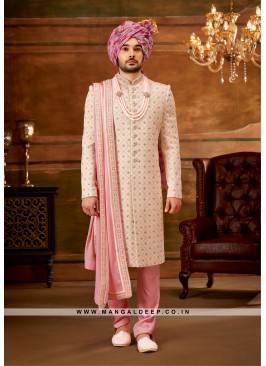 Traditional Indian Men's Sherwani with Georgette Top and Art Silk Churidar Pant
