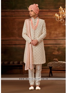 Traditional Indian Men's Sherwani with Georgette Top and Art Silk Churidar Pant