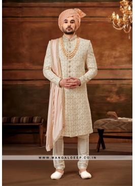 Traditional Indian Men's Sherwani with Georgette Top and Art Silk Churidar Pant