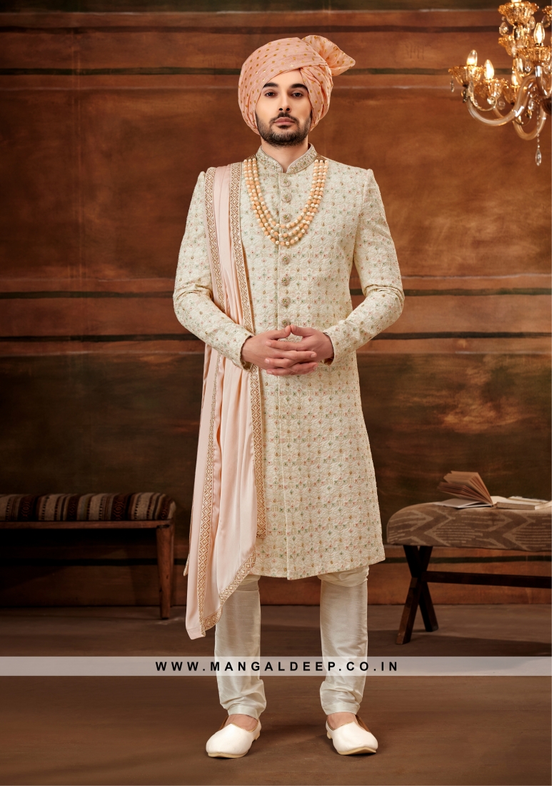 Traditional Indian Men's Sherwani with Georgette Top and Art Silk