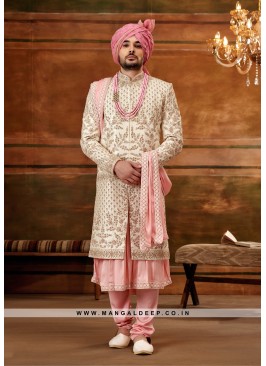 Trendy Men's Anarkali-style Sherwani with Hand & Machine Work With Chudidar Pant