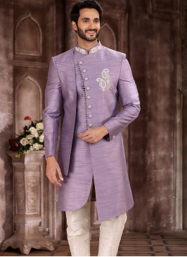 Traditional Lavender Art Silk Embroidered with Aligadhi Pant Sherwani.