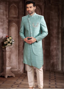 Traditional Green Art Silk Embroidered with Aligadhi Pant Sherwani.