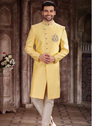 Traditional Yellow Art Silk Embroidered with Aligadhi Pant Sherwani.