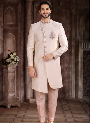 Traditional Cream Art Silk Embroidered with Aligadhi Pant Sherwani.