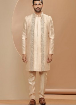 Traditional Peach Silk Indowestern Suit For Wedding