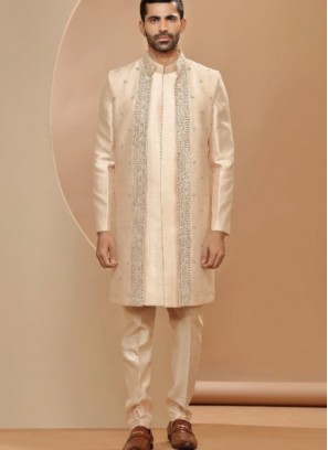Traditional Peach Silk Indowestern Suit For Wedding