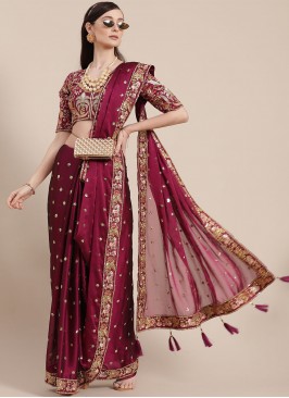 Traditional Saree Embroidered Art Silk in Burgundy