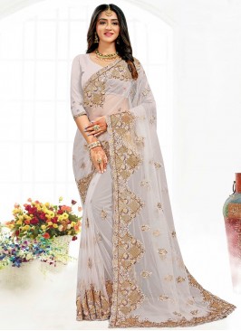 Traditional Saree Embroidered Net in Grey