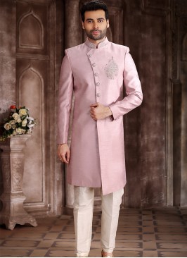 Traditional Onion Art Silk Embroidered with Aligadhi Pant Sherwani.