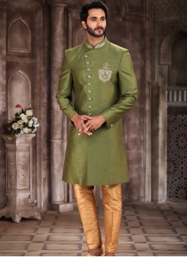 Traditional Green Art Silk Embroidered with Aligadhi Pant Sherwani.