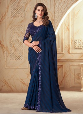 Transcendent Embroidered Navy Blue Contemporary Saree