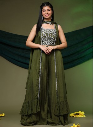 Transcendent Green Chinon Readymade Salwar Kameez