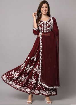 Transcendent Rayon Wine Embroidered Anarkali Salwar Kameez