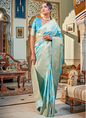 Transcendent Weaving Aqua Blue Banarasi Silk Designer Saree