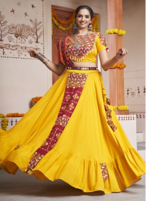 Transcendent Yellow Embroidered Rayon Trendy Long Choli Lehenga