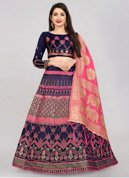 Trendy Banarasi Silk Navy Blue and Pink Jacquard Work A Line Lehenga Choli