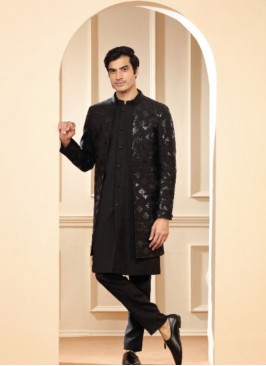 Trendy Black Indowestern Suit In Silk