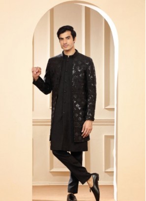 Trendy Black Indowestern Suit In Silk