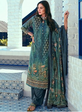 Trendy Blue Blended Cotton Straight Salwar Kameez