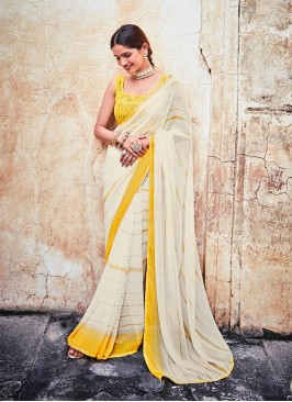 Trendy Faux Georgette Off White Classic Designer Saree