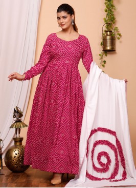 Trendy Gown Bandhej Muslin in Pink