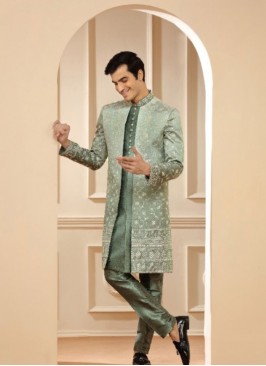 Trendy Green Shaded Silk Indowestern Suit For Rece