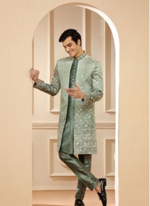 Trendy Green Shaded Silk Indowestern Suit For Reception